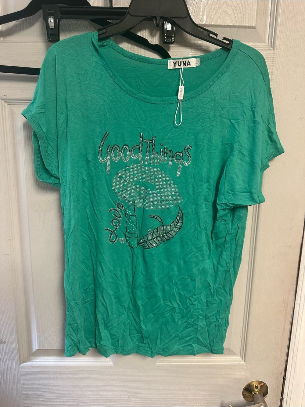 Women's Teal Short Sleeve Embellished Graphic Tee